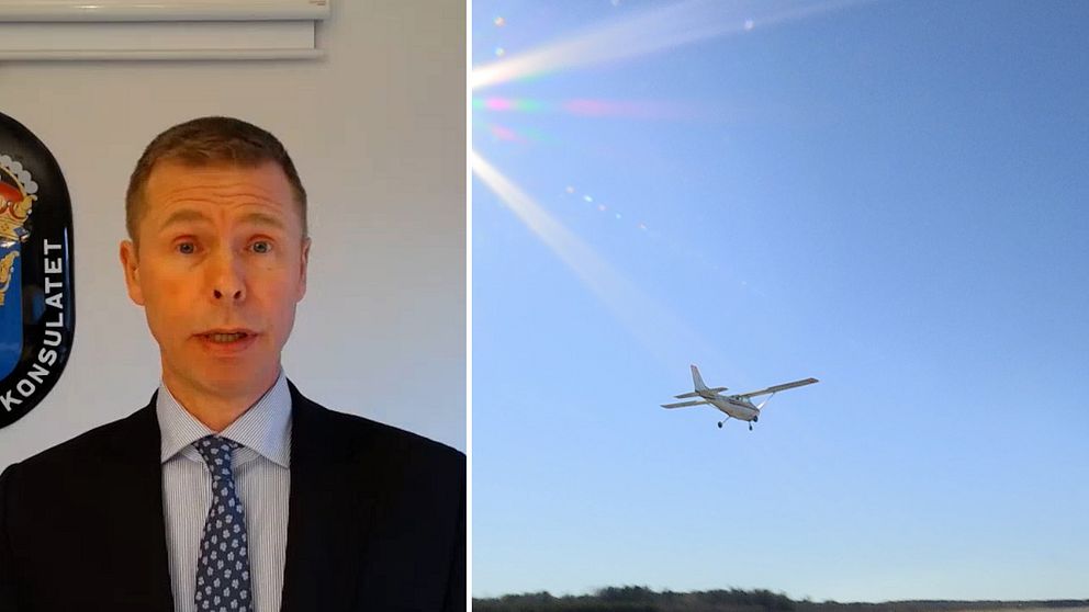 Svante Liljegren, chef för Utrikesdepartementets konsulära enhet och ett flygplan som flyger.