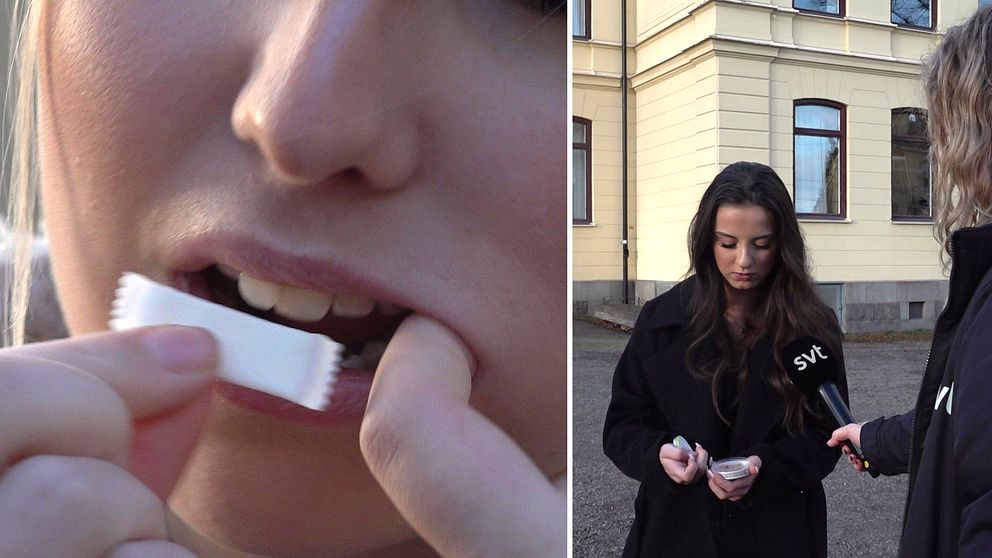 Närbild på en person som är på väg att stoppa in en portionspåse med vitt snus i munnen. Till höger syns en annan bild där en person med långt hår håller i en snusdosa och plockar ut flera portionspåsar.