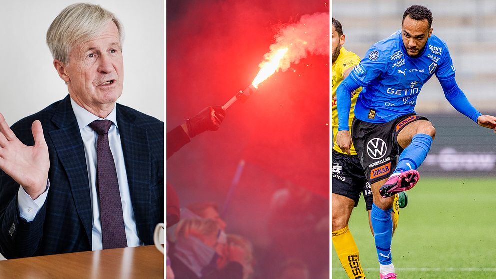 Tredelad bild. Vänster: person i kostym. Mitten: bengalbränning. Höger: fotbollsspelare sparkar boll.