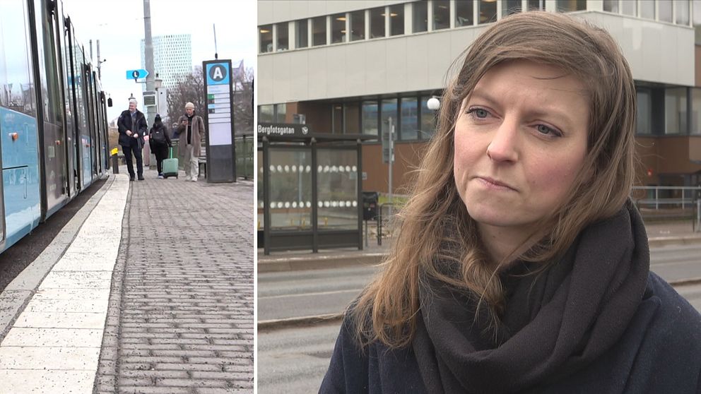 Splitbild på en spårvagnshållplats och Louise Jeppsson (V), ordförande i infrastruktur och kollektivtrafiknämnden.