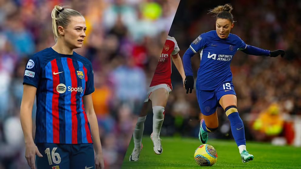 Tredelad bild. Till vänster: fotbollsspelare i Barcelona-tröja. I mitten: spelare springer. Till höger: fotbollsspelare i blått skjuter mot mål.