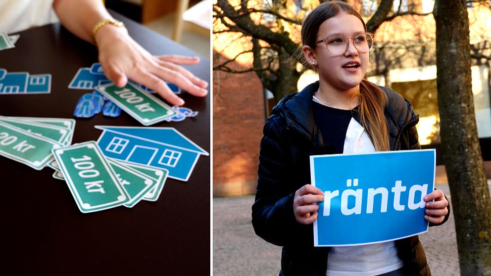 Ett barn som håller i en skylt där det står ”ränta”.