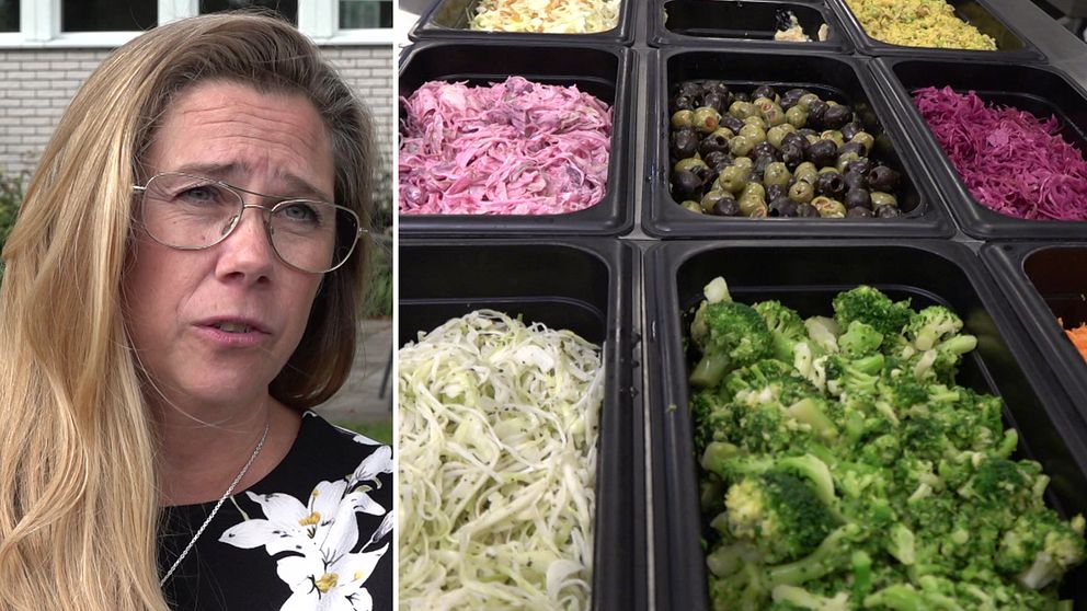 splitbild kostchef i Falu kommun Mimmi Jacobsson/olika typer av grönsaker och sallad i lådor