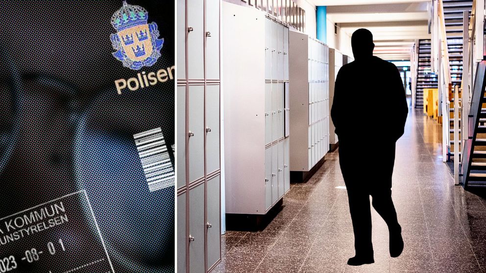 Tvådelad bild: Ett polisdokument och en anonymiserad person i solglasögon samt en svart siluett föreställande en man som går i en skolkorridor,