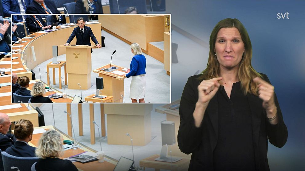Mathilde tecknar debatt bredvid en bild på riksdagen