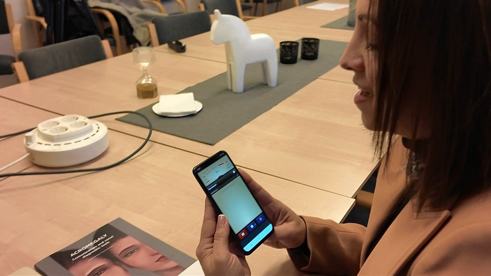 En person sitter vid ett konferensbord och talar i en smartphone.