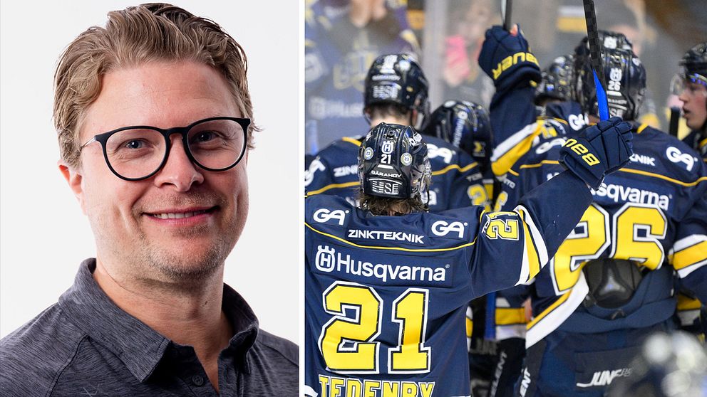 En delad bild som visar två sektioner. Till vänster Björn Liljander i en blå skjorta med en neutral bakgrund. Till höger Växjö Lakers som firar ett mål, där spelarna bär blå tröjor med nummer och namn på ryggen. Stämningen är glad och energisk med spelarna som sträcker upp armarna.