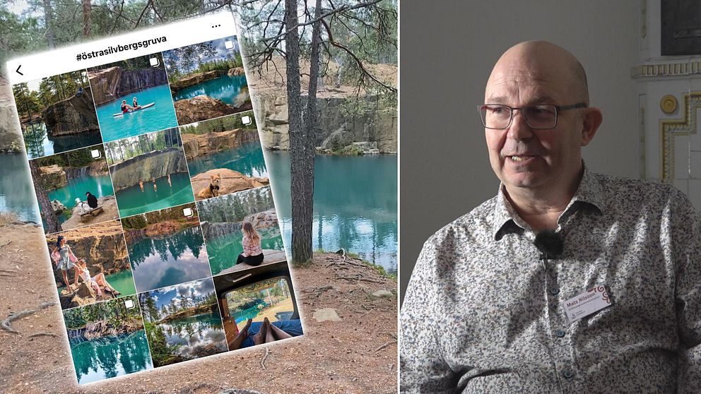 Delad bild. På ena sidan skärmdump från instagram med bilder på sjö med grönt vatten, till höger man med glasögon i grå  mönstrad skjorta. Mats Nilsson