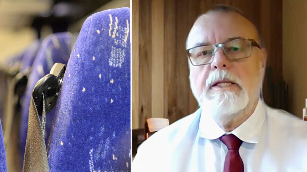 En delad bild som visar två sektioner: till vänster en närbild på en blå stol med mönster och ett bälte i sorts avstånd, till höger busschauffören klädd i vit skjorta och röd slips, sittande vid en träpanel.
