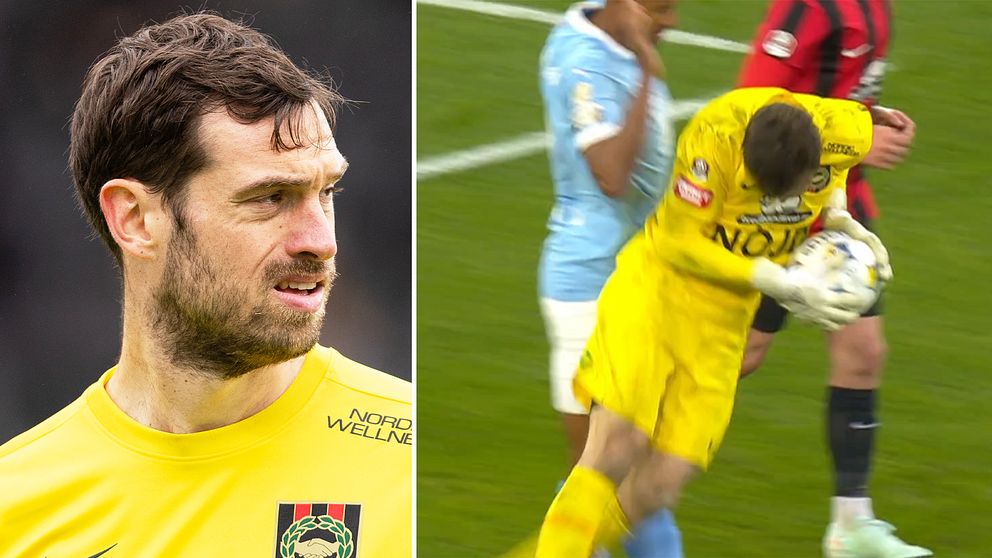 Delad bild. Vänster: målvakt i gul tröja. Höger: målvakten räddar boll i match mot ljusblått lag.