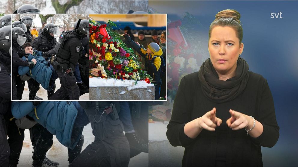 Programledare Alicia tecknar ”dömd” vid en delad bild där en person bärs bort av polis på den ena delen, och människor som lägger ner blommor på den andra.