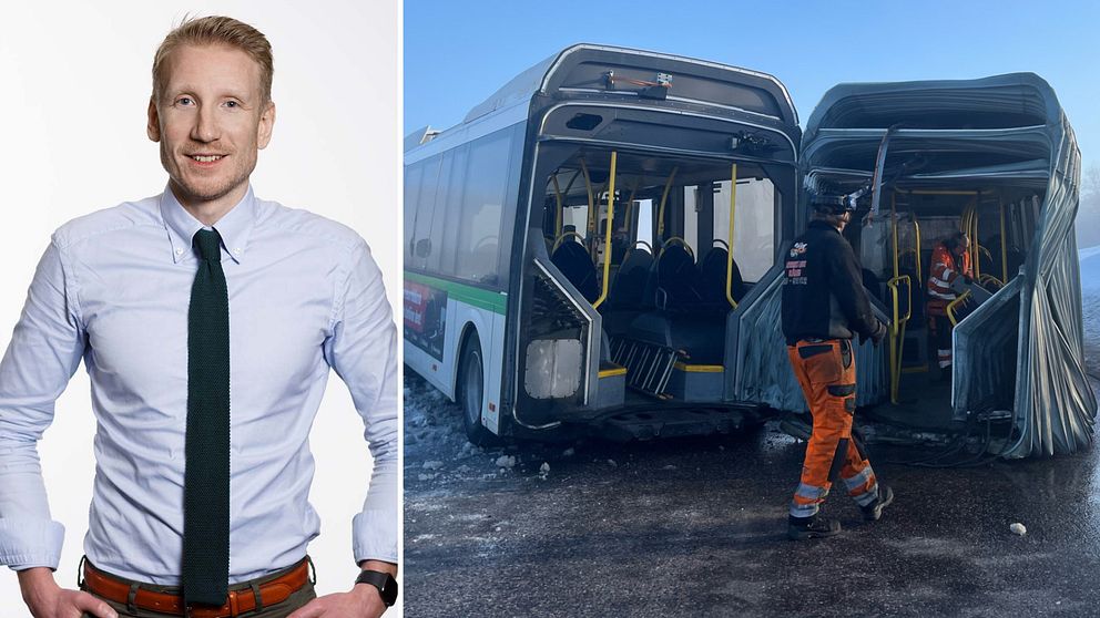 Nobinas pressansvarige David Erixon och en bild på ledbussen som vikt sig på mitten