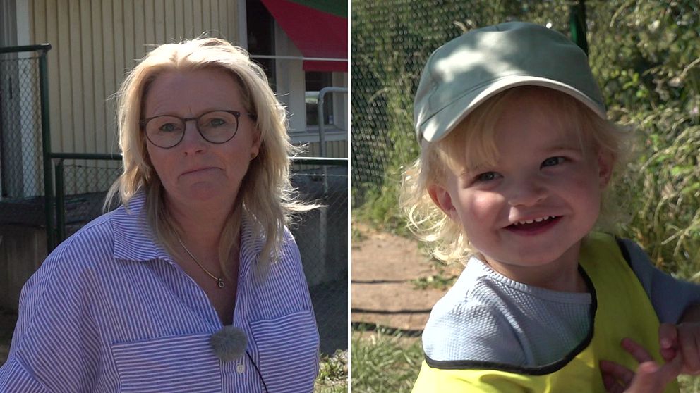 Till vänster rektor på Varbergs Montessoriskola Katrin Börjesson, till höger ett barn som ler.