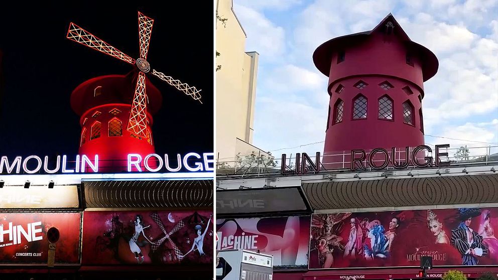 Moulin Rouge i Paris, före och efter att vingarna på kvarnen på taket rasat