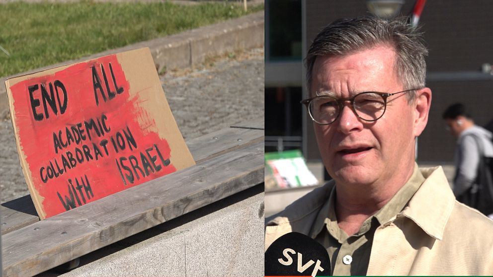 En skylt som protesterar mot Israel tv/LNU rektor Peter Aronsson th.