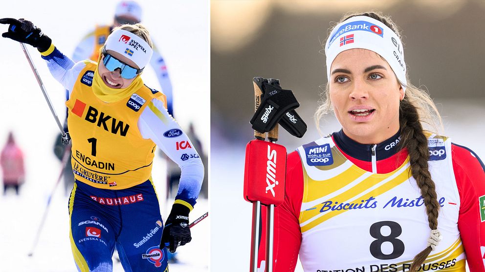 Tvådelad bild av två skidåkare under en tävling. Till vänster ses en kvinna i en gul och blå skidutrustning och glasögon, som bär nummer 1 och deltar i en tävling i Engadin. Till höger är fokus på handen och skidorna hos en annan skidåkare, som har nummer 8 på sin tävlingsdress.