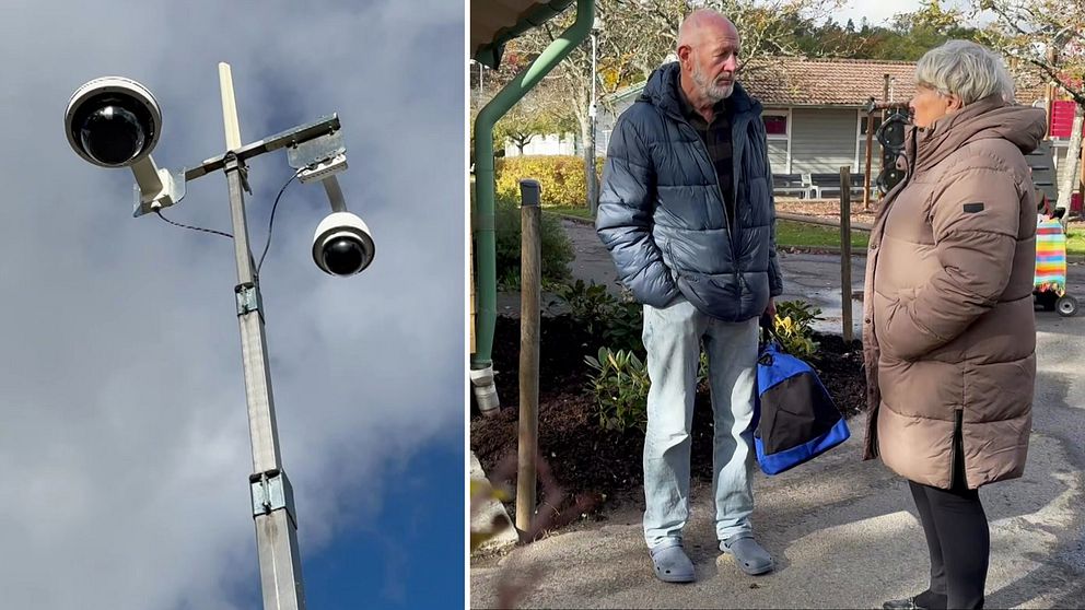En delad bild som visar en övervakningskamera monterad på en hög stolpe i vänstra sektionen, och i den högra sektionen står en person i en grå jacka och samtalar med en kvinna i en brun ytterjacka. I bakgrunden syns en grön bänk och en trädgårdsmiljö med buskar och blommor.