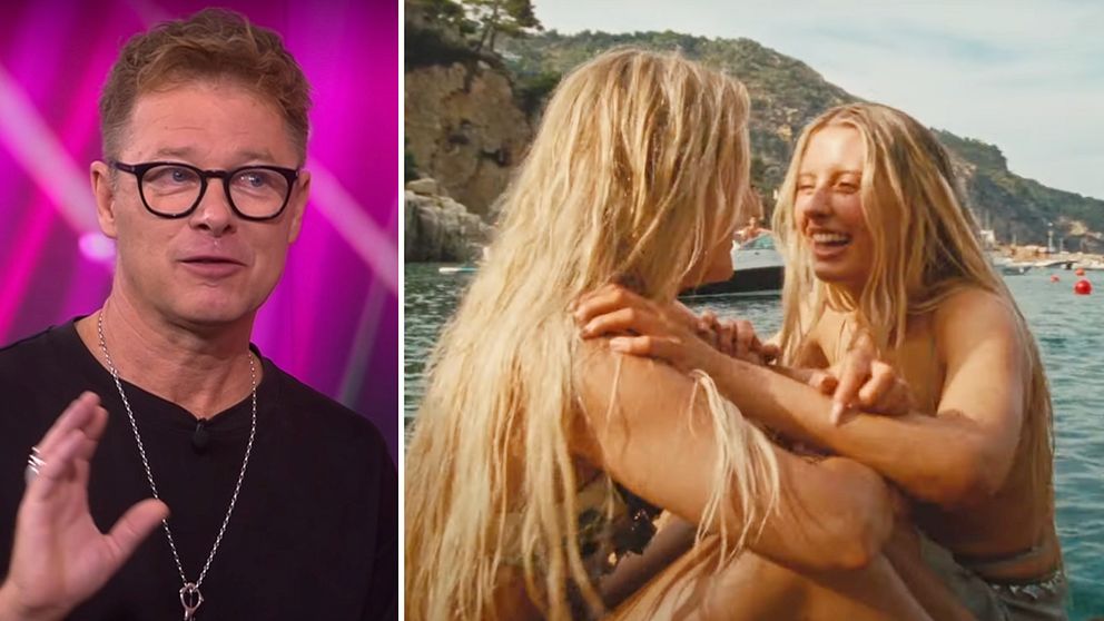 Per Sinding-Larsen till vänster i studion. Till höger en bild på Zara Larsson och systern Hanna Larsson vid havet när de sitter och skrattar med varandra.