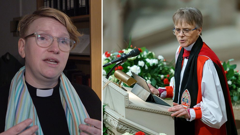 En delad bild som visar två scener: till vänster en person iförd prästskjorta och en färgglad scarf, gestikulerar med händerna i en inomhusmiljö, och till höger en talare klädd i en formell prästerlig dräkt, som framför en tal på en scen dekorera med blommor.