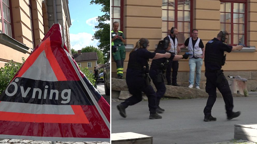 Polis med dragna vapen under en övning i Eskilstuna