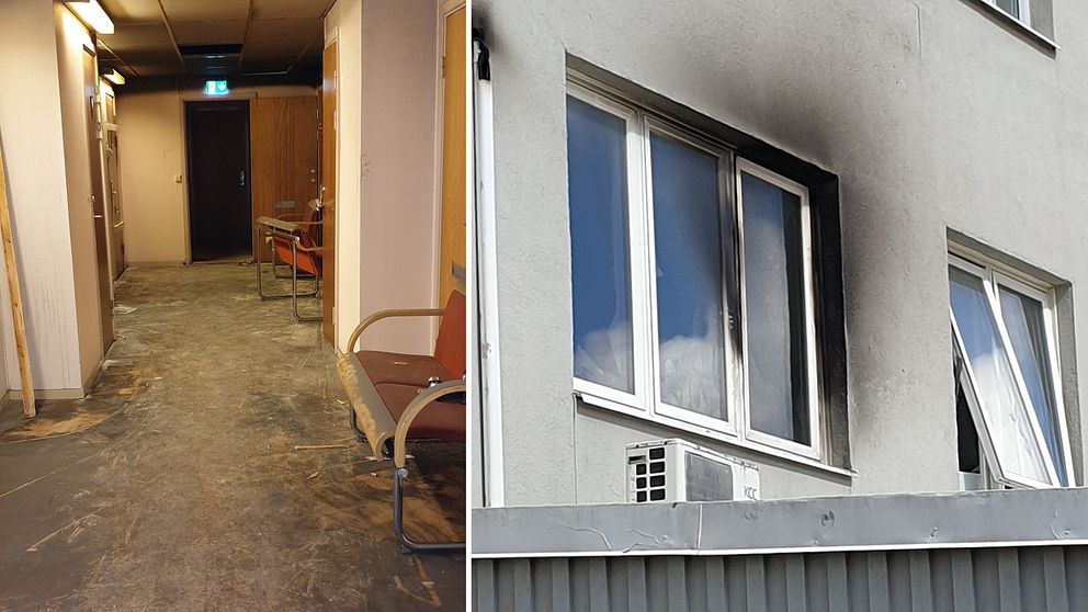 En bild på utsidan och insidan av Vänsterpartiets lokaler i Alingsås som brunnit.