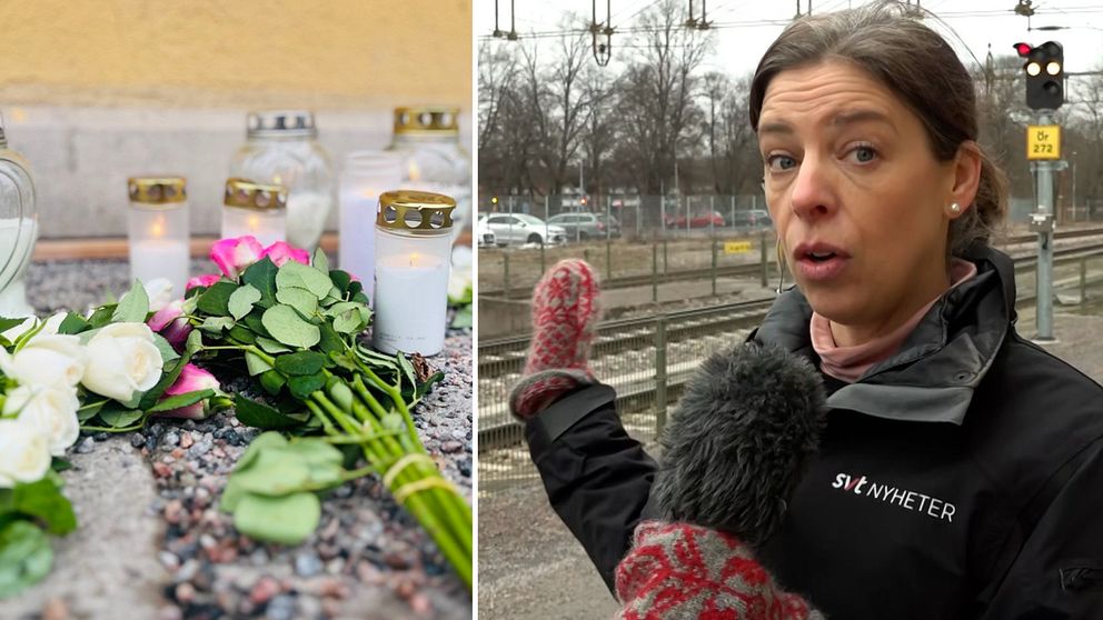 Blommor och ljus på Södra station i Örebro och SVT:s reporter vid järnvägen