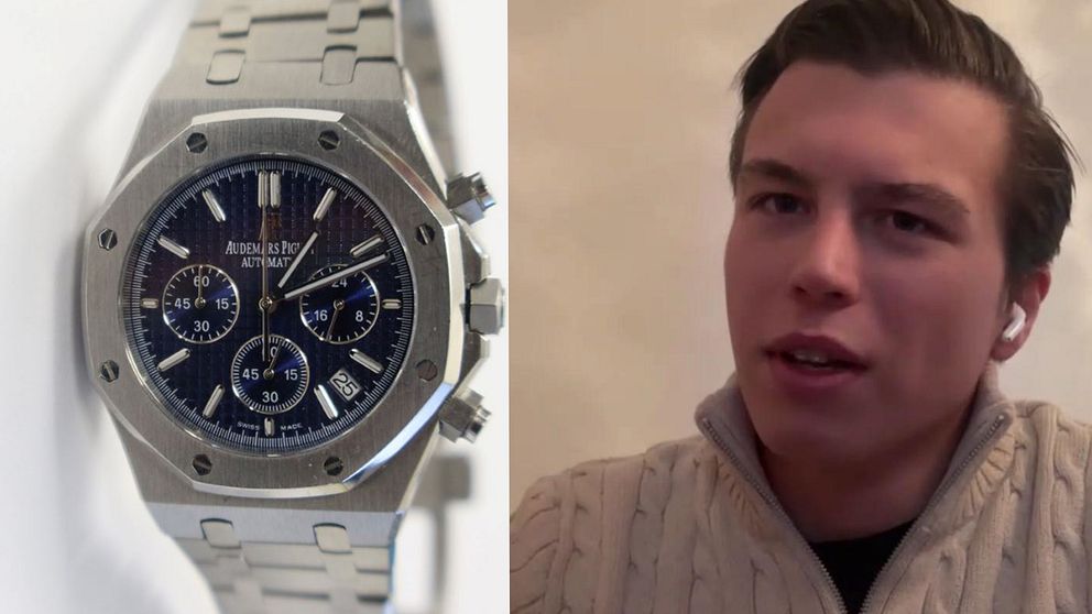 En klocka syns till vänster, till höger syns klockexperten Martin Dehlin