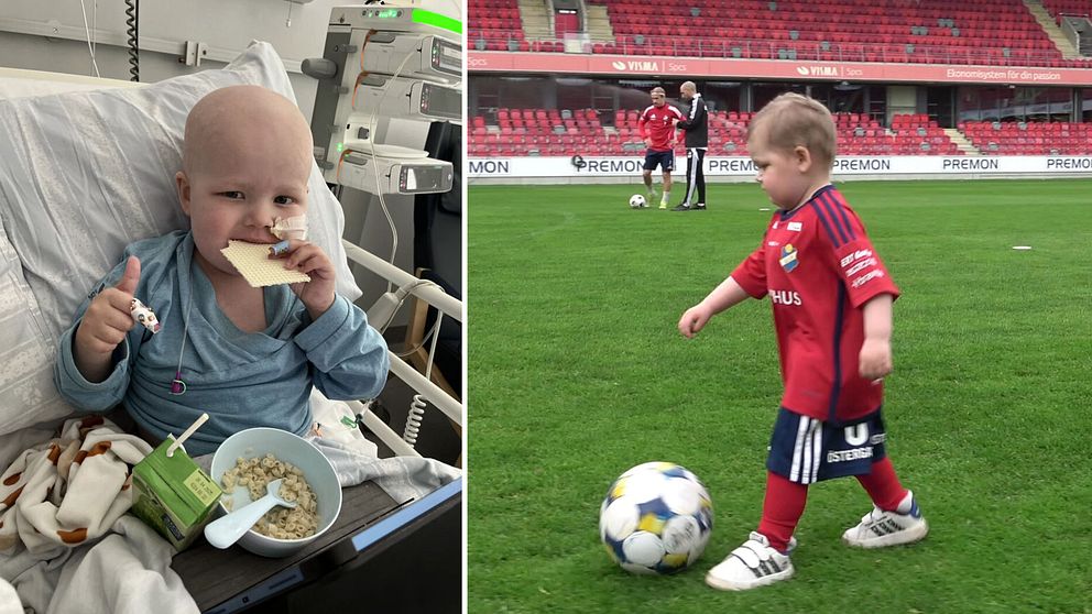 Delad bild. Till vänster: barn på sjukhus. Till höger: barn spelar fotboll på arena.