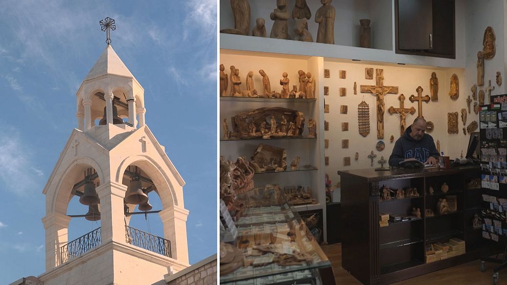 Kyrktorn och butiksägaren Jack Giacaman i en tom butik som säljer kristna föremål i trä
