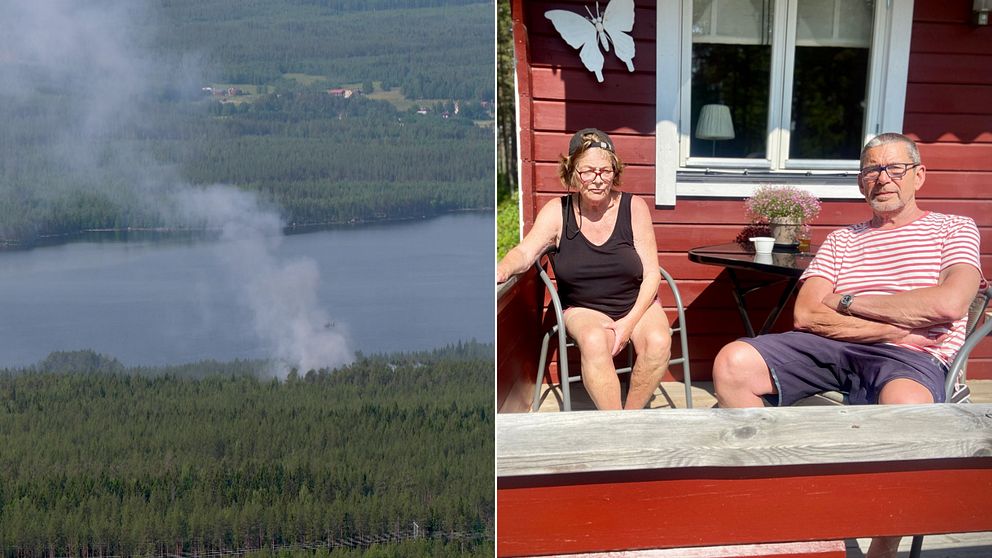 Drönarbild från brand i skog. Äldre par som sitter på ute på altanen.