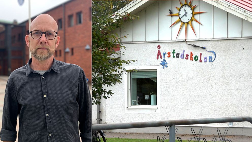 Två bilder. På ena sidan står en man framför ett hus. På andra sidan syns en bild på Årstadskolan.