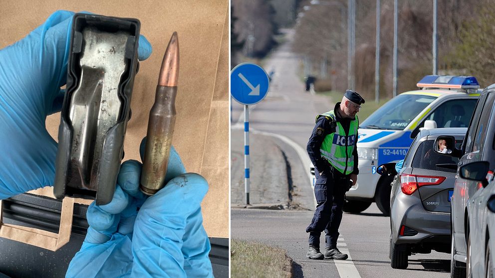 Till vänster: En stor patronhylsa visas upp. Till höger: Polise stoppar bilar efter skjutningen 18 april 2023 i Alingsås.