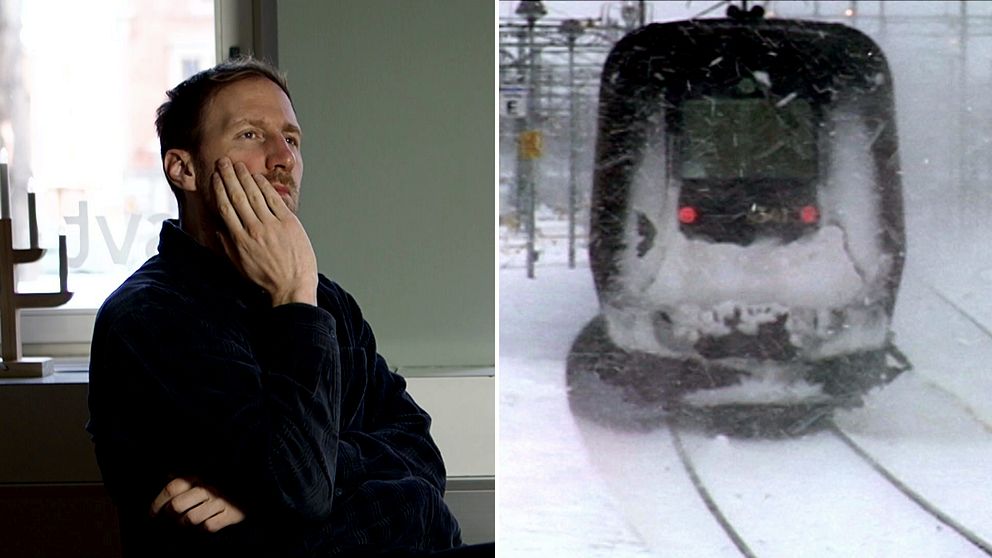 Delad bild reporter som funderar och tåg i snö