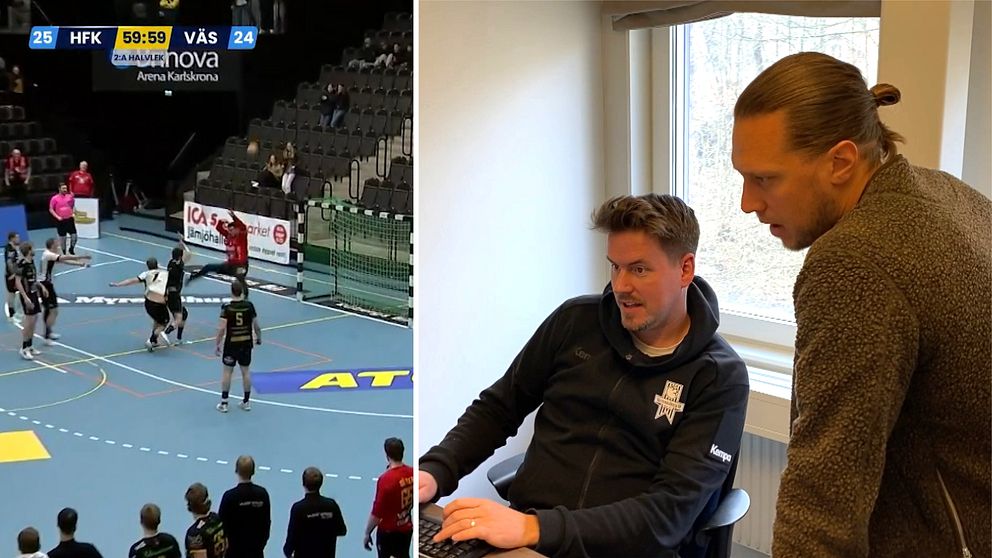 Handbollsspelare och två män på ett kontor