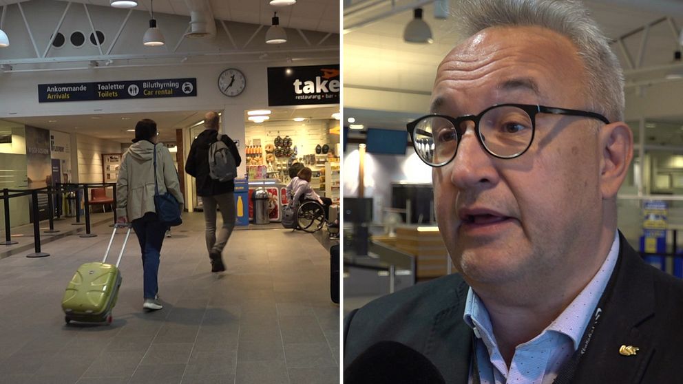 Resenärer på Skellefteå flygplats. Till höger flygplatschefen Robert Lindberg.