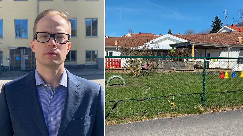 Delad bild. Till vänster för- och grundskolenämndens ordförande Emanuel Forsell (M). Till höger kokosnötens förskola, en av de som föreslås stängas.