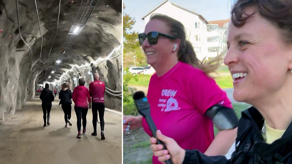 Delad bild. Till vänster: löpare i en upplyst tunnel, en servicetunnel intill Varbergstunneln. Till höger: intervju under löptävling utomhus.