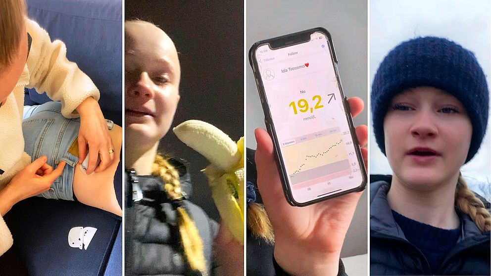 En kvinna sätter en insulinpump på en tonårings rygg, en ung tjej äter en banan, en smartphone som visar ett blodsockervärde och en tonårstjej i mössa.