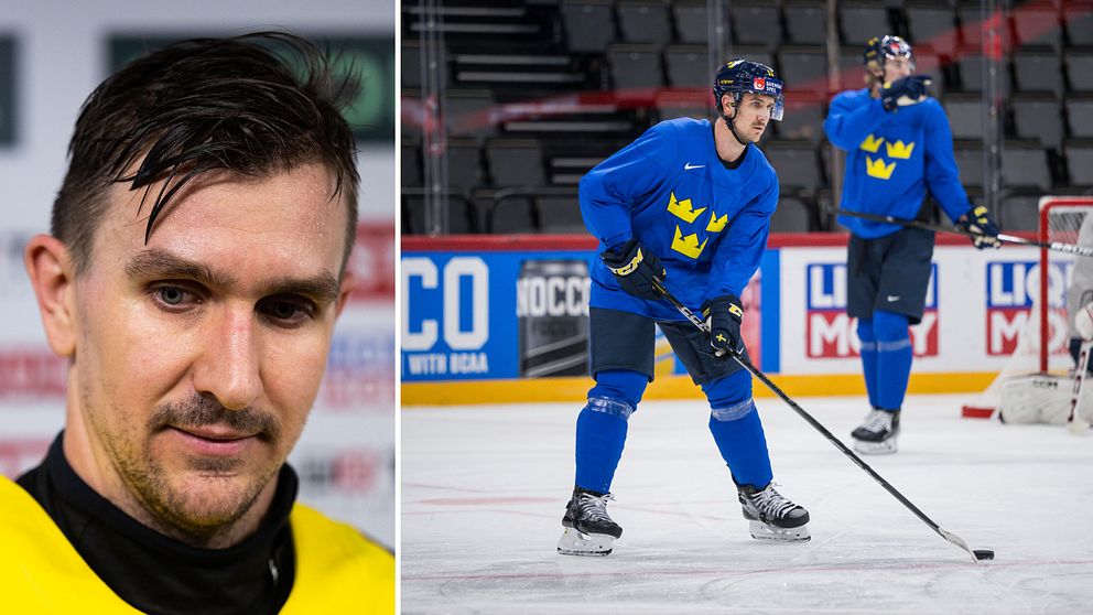 Delad bild. Till vänster: hockeyspelare i gult. Till höger: landslagsspelare på isen i blått.