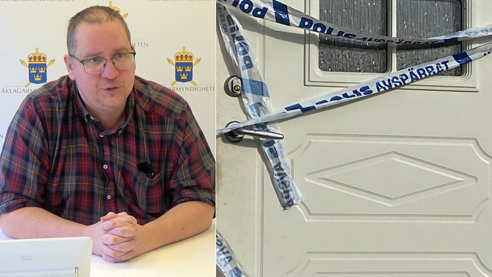 Åklagare Jonas Fjellström. Till höger en bild på en vit dörr med polistejp.