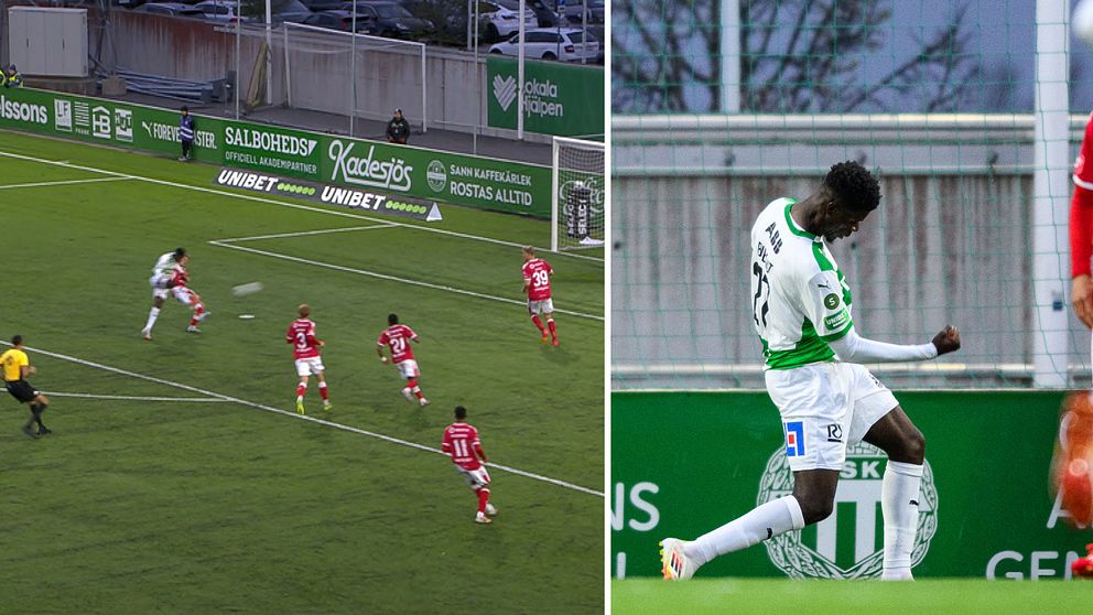 Delad bild. Vänster: fotbollsanfall mot mål. Höger: spelare i vitt firar efter att ha gjort mål.