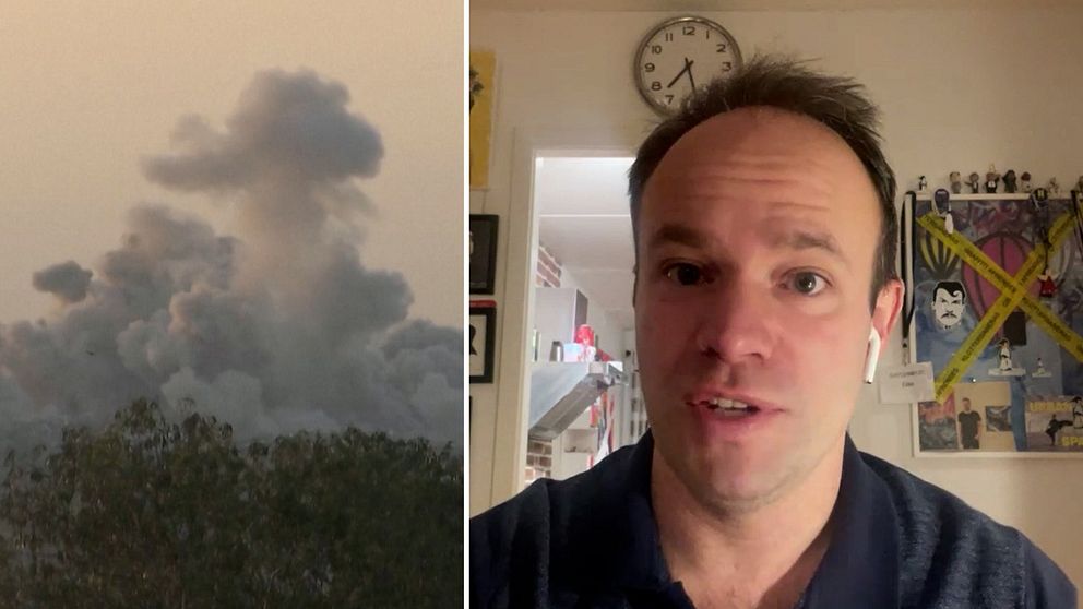 Vänster sida: Rök efter ett flyganfall. Höger sida: Anders Persson.