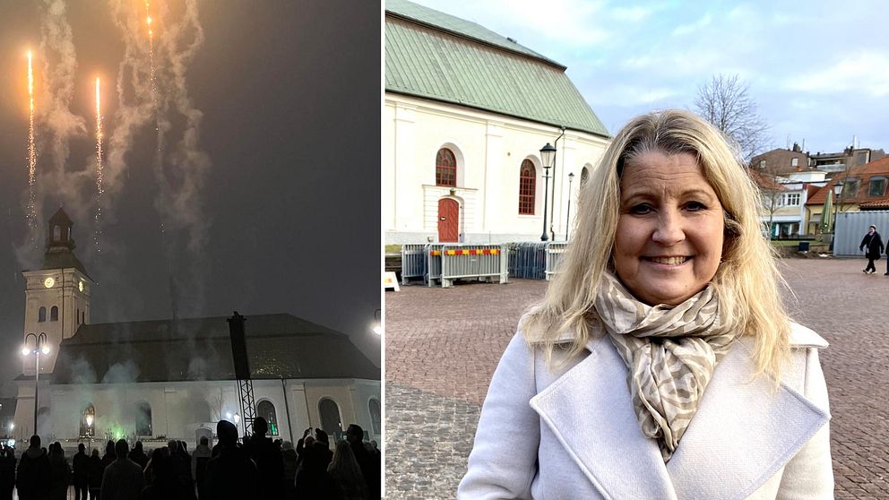 Nyårsraketer vid kyrka och kvinna