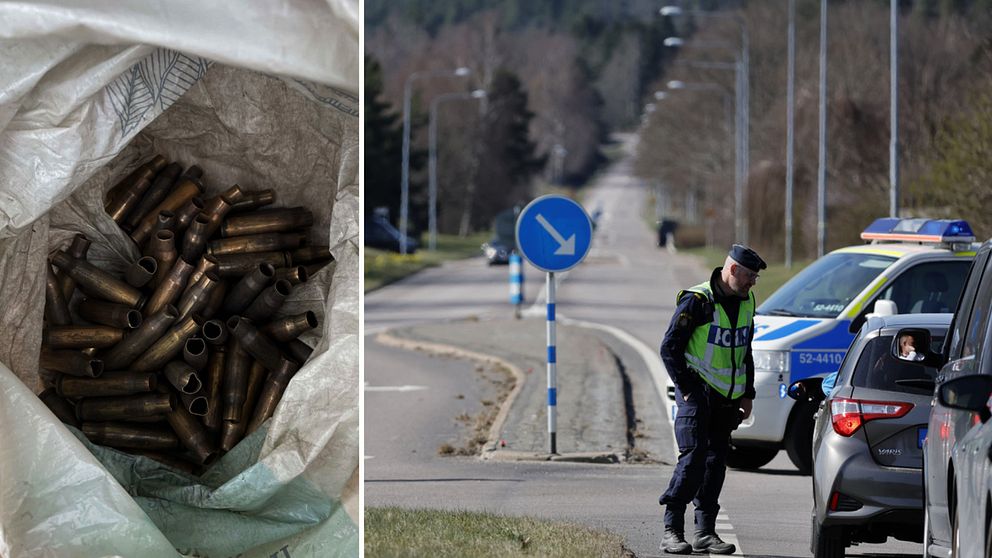 En påse med skotthylsor och en bild på en polisavspärrning.