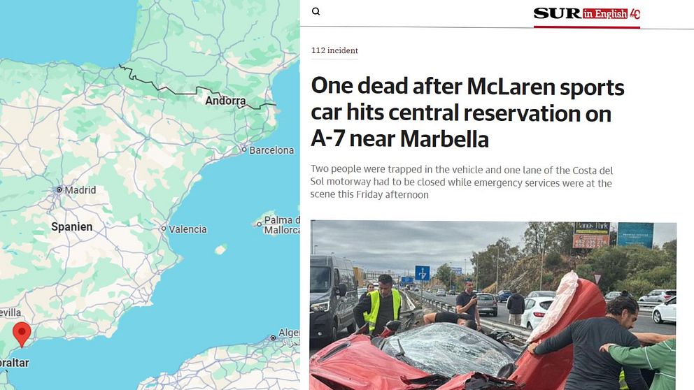 En karta över södra Spanien som markerar Gibraltar, tillsammans med en artikel från SUR som rapporterar om en olycka där en McLaren-sportbil krockade med mittvallen på motorvägen A-7 nära Marbella, vilket resulterade i en död och skador på två personer.