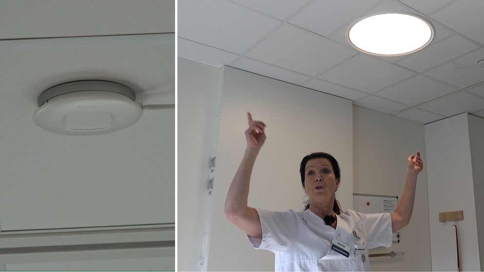 En delad bild där den första föreställer en radarsenor i ett tak, och den andra föreställer en kvinna i vita vårdkläder som pekar upp i taket.