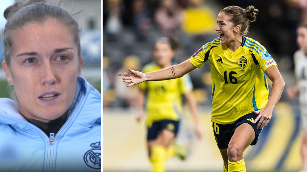 Bilden är delad i två sektioner. Till vänster visas en person i en ljusblå sportjacka med en logotyp, eventuellt kopplad till ett sportlag eller en organisation. Till höger ses en fotbollsspelare i Sveriges landslagsuniform, med nummer 16, som spelar på en fotbollsplan under en match.