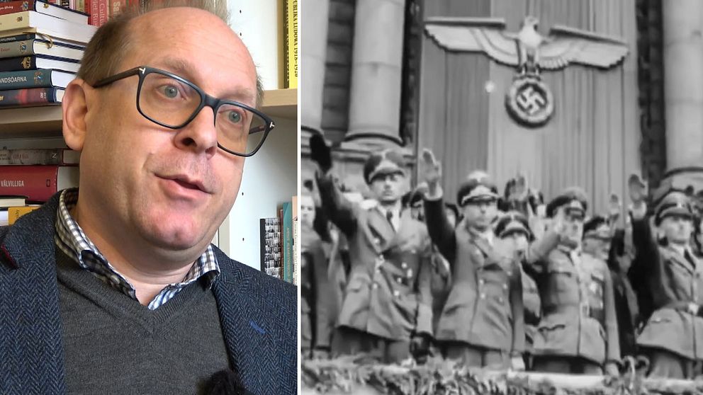 Tvådelad bild.  Till vänster: Historikerin Per Anders Rudling sitter i sitt kontor på Lunds universitet. Till höger: nazistledare i Ukraina gör Hitlerhälsningar vid invigningen av en frivillig SS-brigad i Lviv 1943.