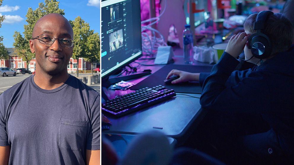 En man som ler och en pojke som spelar datorspel.