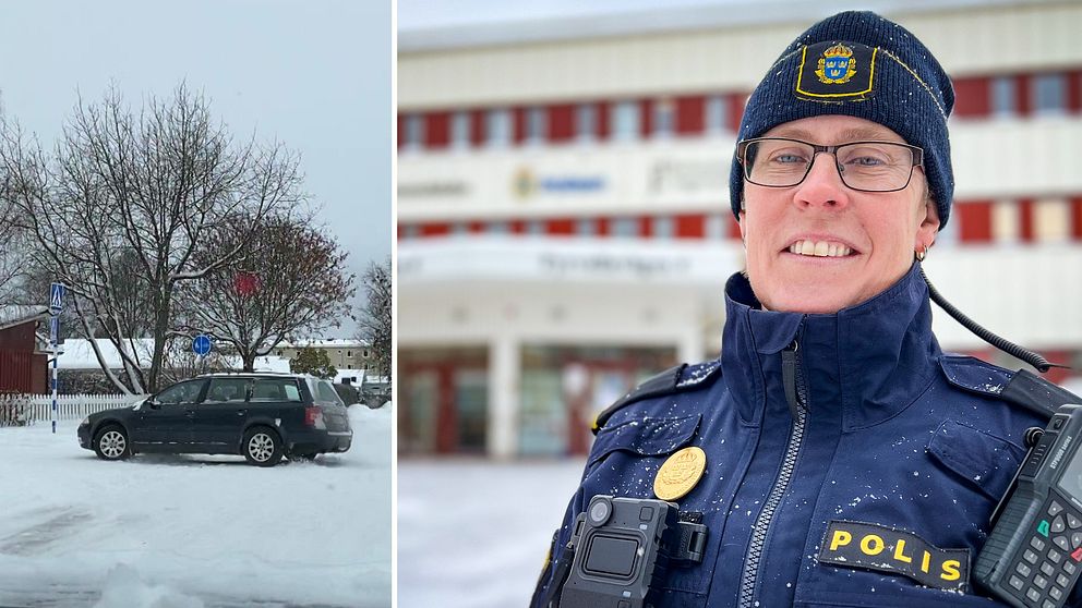 Trafikpolis står i gull mundering utanför polisstationen i Östersund och ler in i kameran.